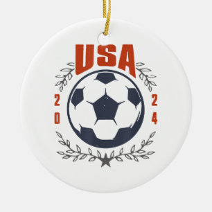 USA Soccer Ball 2024 Stars & Laurel Wreath Vintage Ceramic Tree Decoration