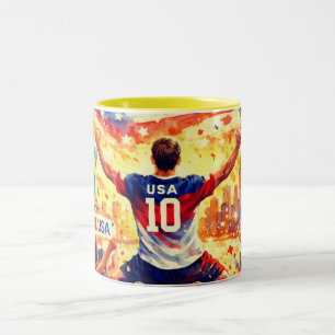USA Soccer Fan Celebration Watercolor Art Two-Tone Coffee Mug