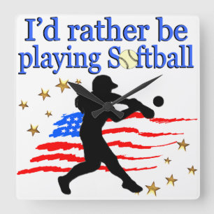 USA SOFTBALL PLAYER LOVES SOFTBALL DESIGN SQUARE WALL CLOCK