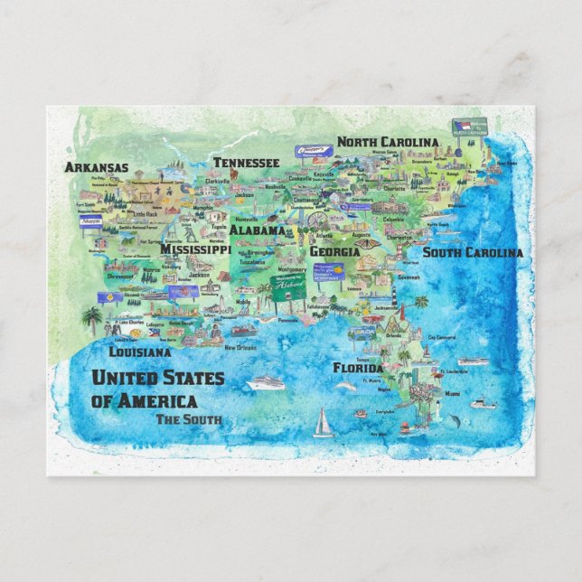 USA Southern States Travel Map Florida Louisiana Postcard (Front)