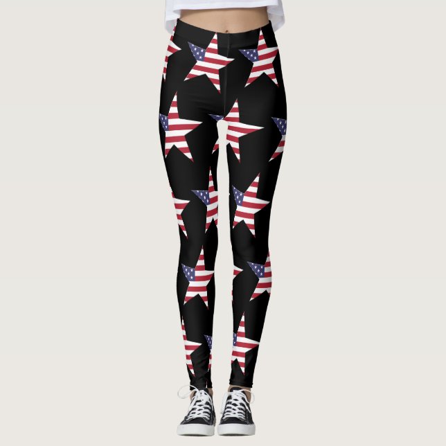 USA Star Pattern with Stars and Stripes Patriotic Leggings (Front)