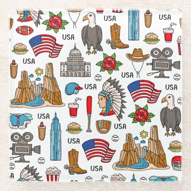 USA Symbols Vintage Seamless Pattern Glass Coaster (Front)