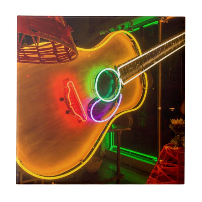 USA, Texas, Austin. Neon Guitar At Blackmail Tile (Front)