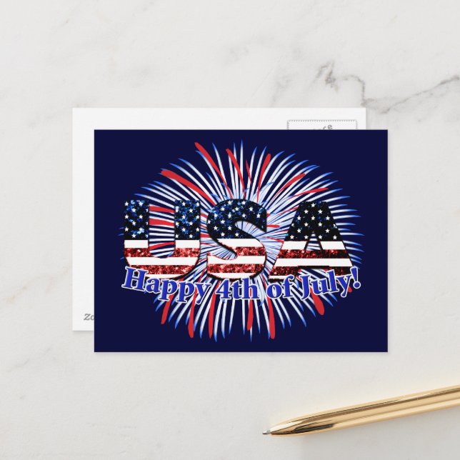 USA text flag glitters fireworks Happy 4th of July Postcard (Front/Back In Situ)