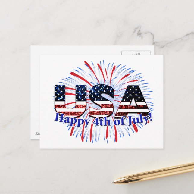 USA text flag glitters fireworks Happy 4th of July Postcard (Front/Back In Situ)