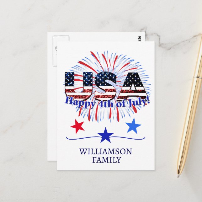 USA text flag glitters fireworks Happy 4th of July Postcard (Front/Back In Situ)