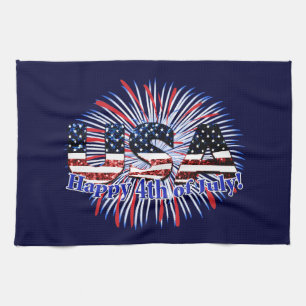 USA text flag glitters fireworks Happy 4th of July Tea Towel