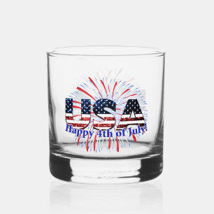 USA text flag glitters fireworks Happy 4th of July Whiskey Glass
