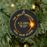 USA Total Solar Eclipse 4.8.24 Custom Text Ceramic Tree Decoration<br><div class="desc">Get ready for the Great American total solar eclipse on April 8, 2024. This cool ornament is the perfect way to commemorate this historical event and can be customised with your state or own text. The design features a dark silhouette of the moon obscuring the sun with an orange glow....</div>