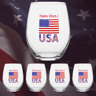 USA United States America Flag Red Personalise Stemless Wine Glass