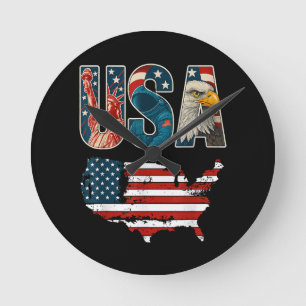 USA US Patriotic 4th of July America Flag Freedom  Round Clock