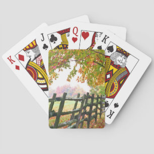 USA, Vermont. Fence under fall foliage. Playing Cards