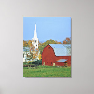 USA, Vermont, Peacham. A red barn and white Canvas Print