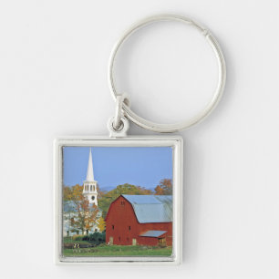 USA, Vermont, Peacham. A red barn and white Key Ring