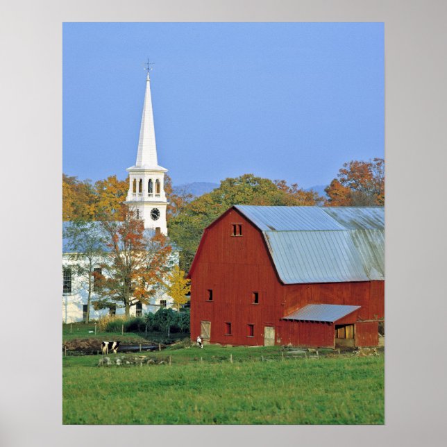 USA, Vermont, Peacham. A red barn and white Poster (Front)