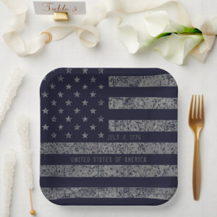 USA Vintage Dark Blue Grunge American Flag Paper Plate