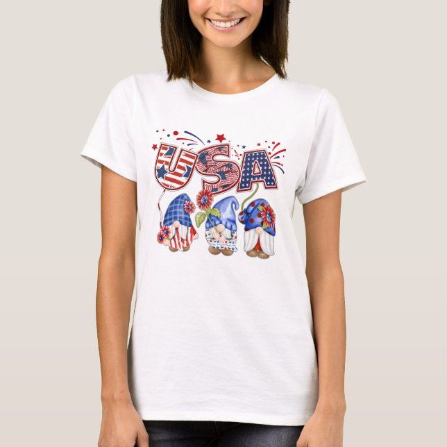 USA Watercolor Gnomes July 4th Patriotic T-Shirt (Front)