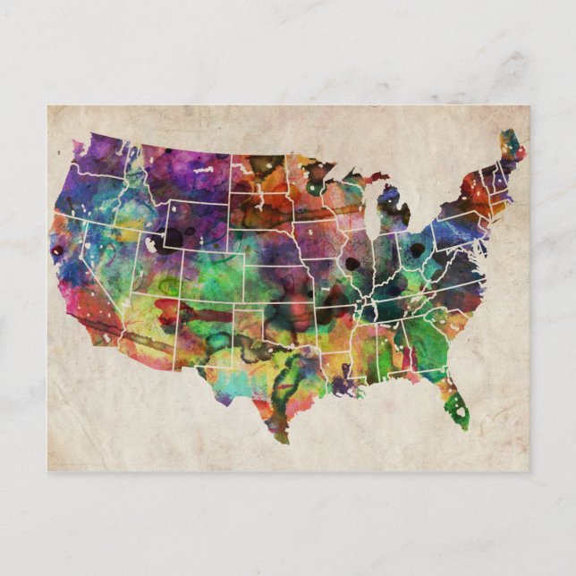 USA Watercolor Map Postcard (Front)