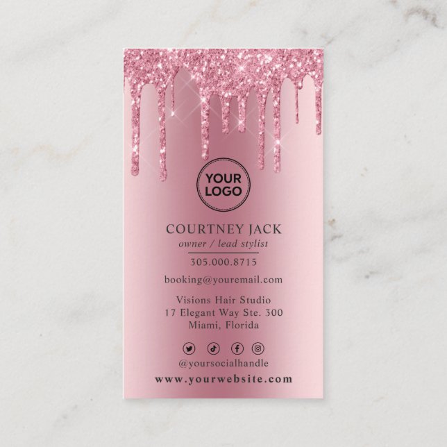 Use Your Own Logo Pink Metallic Glitter Drip Business Card (Back)