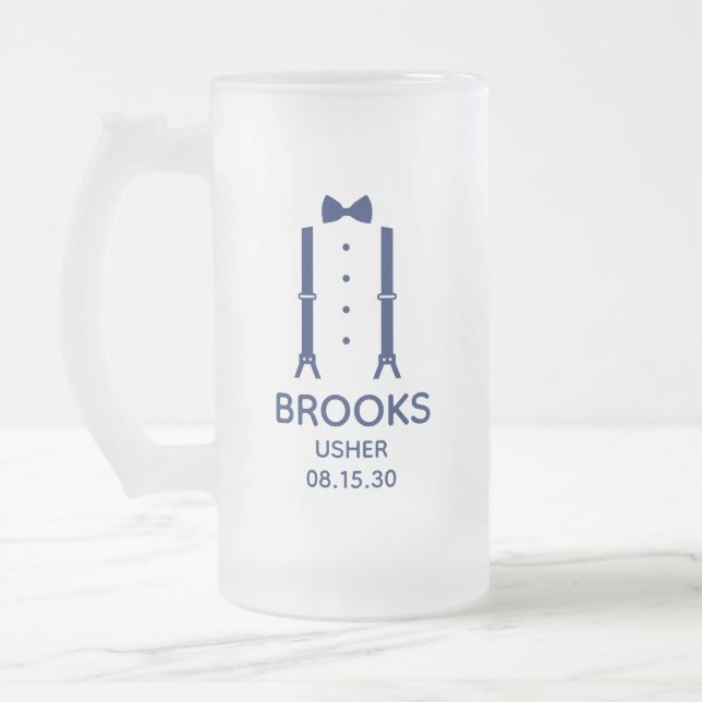 Usher Blue Bow Tie Frosted Glass Beer Mug (Left)