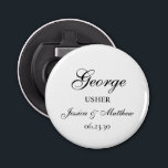 Usher Script Customised Bottle Opener<br><div class="desc">This very classic and traditional button bottle opener with the word Usher (which is customisable for any wedding party member), the usher's name in a script font, the bride and groom's names, and their wedding date would be perfect for your ushers. They'd be fabulous to have on your bachelor week-end,...</div>