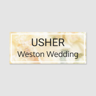 Usher Wedding White Roses Magnetic Back Name Tag