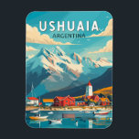 Ushuaia Argentina Travel Art Vintage Magnet<br><div class="desc">Ushuaia retro vector travel design. It is a resort town in Argentina. It's located on the Tierra del Fuego archipelago,  the southernmost tip of South America,  nicknamed the “End of the World.”</div>