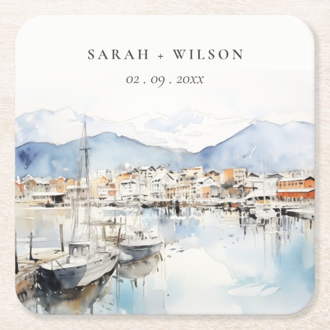 Ushuaia, Argentina Watercolor Landscape Wedding Square Paper Coaster (Front)