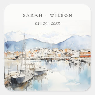 Ushuaia, Argentina Watercolor Landscape Wedding Square Sticker