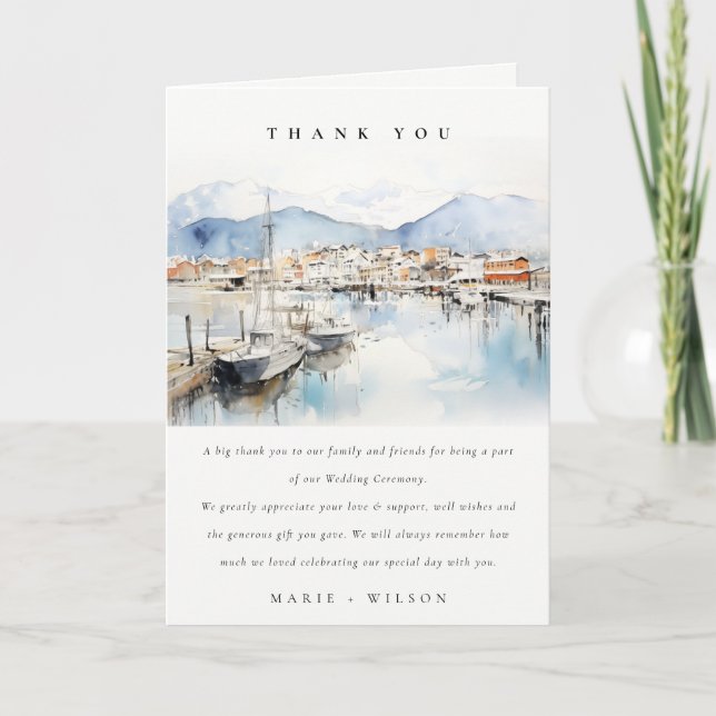 Ushuaia, Argentina Watercolor Landscape Wedding Thank You Card (Front)