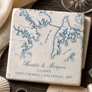 USNA Chapel Wedding Favour Annapolis MD Map Stone Coaster