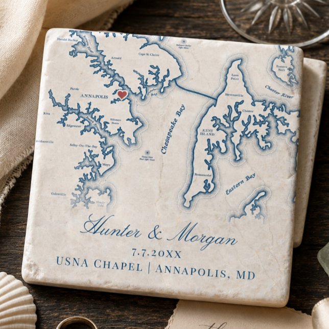 USNA Chapel Wedding Favour Annapolis MD Map  Stone Coaster (USNA Chapel Wedding Favor Keepsake Annapolis Map Stone Coaster in navy blue by Coastal Map Designs)