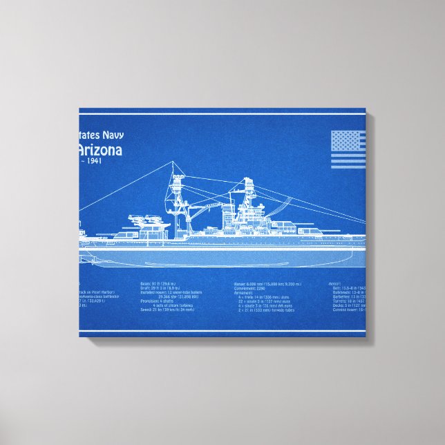 USS Arizona - Ship Blueprint Plans ABD Canvas Print (Front)