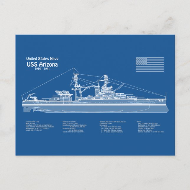 USS Arizona - Ship Blueprint Plans ABD Postcard (Front)