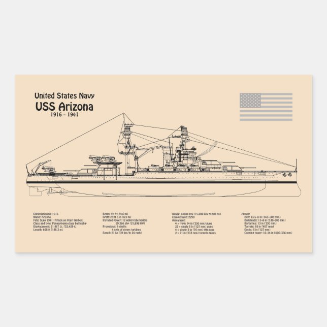 USS Arizona - Ship Blueprint Plans SD Rectangular Sticker (Front)