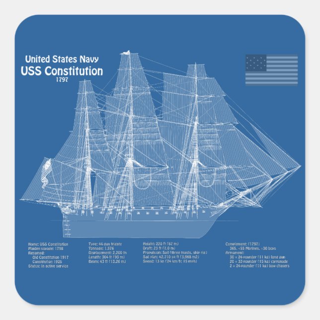 USS Constitution - Ship Blueprint Plans ABD Square Sticker (Front)