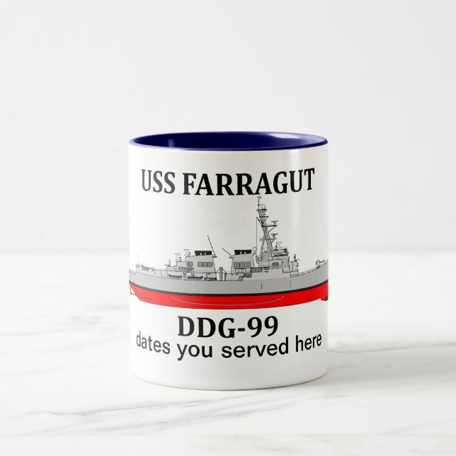 USS Farragut, DDG-99, customisable dates served Two-Tone Coffee Mug (Center)