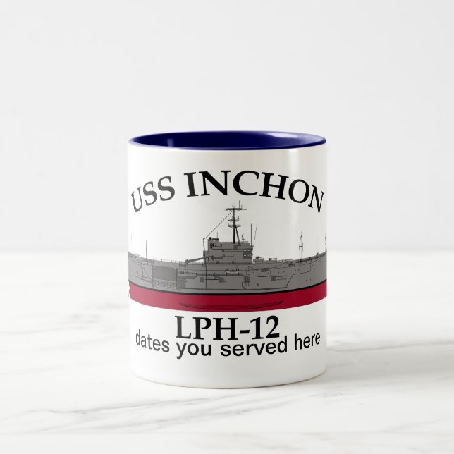 USS Inchon, LPH-12, customisable dates served Two-Tone Coffee Mug (Center)