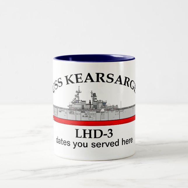 USS Kearsarge, LHD-3, customisable dates served Two-Tone Coffee Mug (Center)