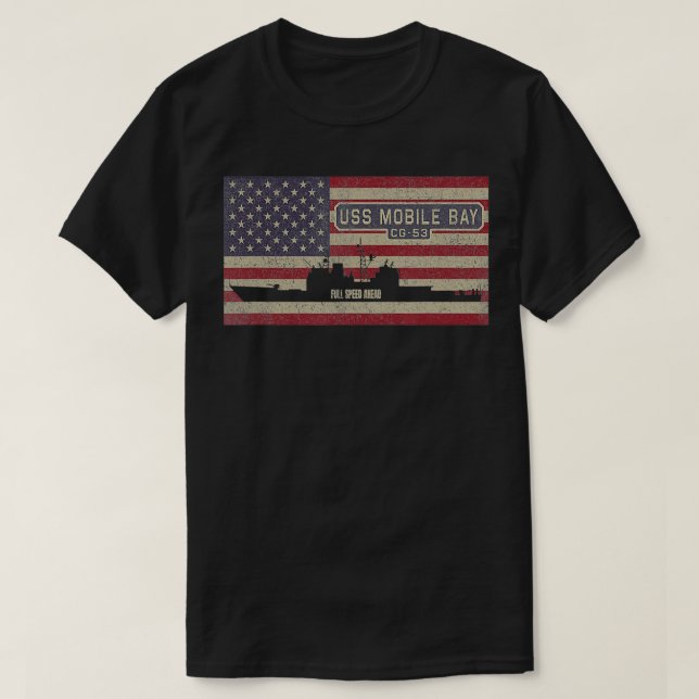 USS Mobile Bay CG53 Cruiser Ship USA American Flag T-Shirt (Design Front)