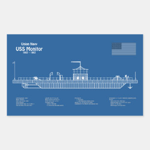 USS Monitor - Ship Blueprint Plans ABD Rectangular Sticker