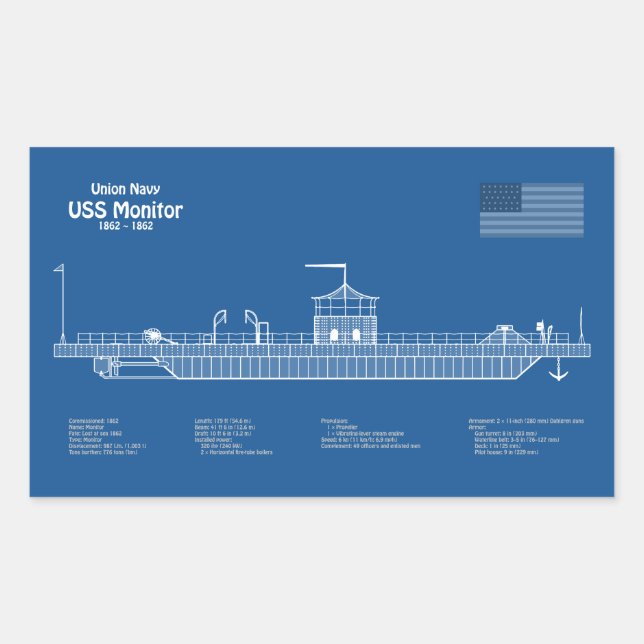 USS Monitor - Ship Blueprint Plans ABD Rectangular Sticker (Front)