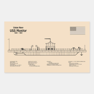 USS Monitor - Ship Blueprint Plans SD Rectangular Sticker
