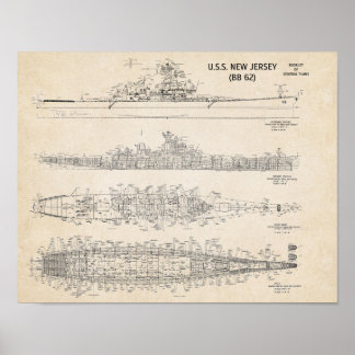 USS NEW JERSEY Blueprint Poster