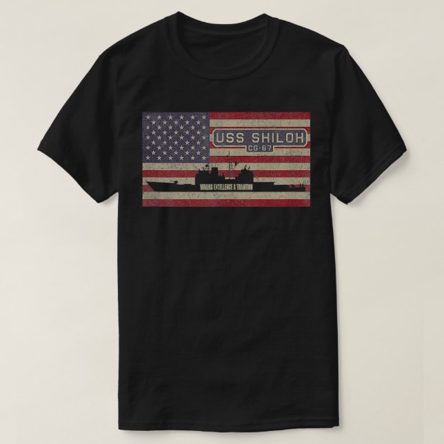 USS Shiloh CG67 Cruiser Ship USA American Flag  T-Shirt (Design Front)
