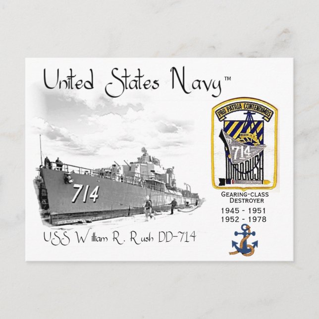 USS WILLIAM R. Rush DD-714  DESTROYER Postcard (Front)