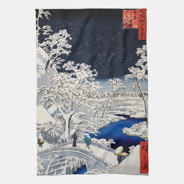 Utagawa Hiroshige - Drum Bridge at Meguro Tea Towel (Vertical)