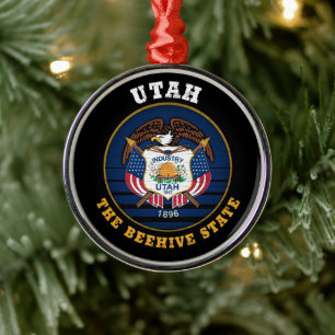 UTAH BEEHIVE STATE FLAG METAL TREE DECORATION