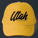 Utah the beehive state honey yellow trucker hat<br><div class="desc">Utah the beehive state honey yellow trucker hat. Custom baseball cap for summer, beach, casual wear, sports, travel, golf and more. Stylish hand lettering design for men and women. Available in other cool colours too. Add your own American state or nickname optionally. Fun Birthday gift idea for friends and family....</div>
