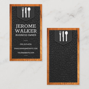 Utensil Logo Leather Stitched Strap Wood Business Card